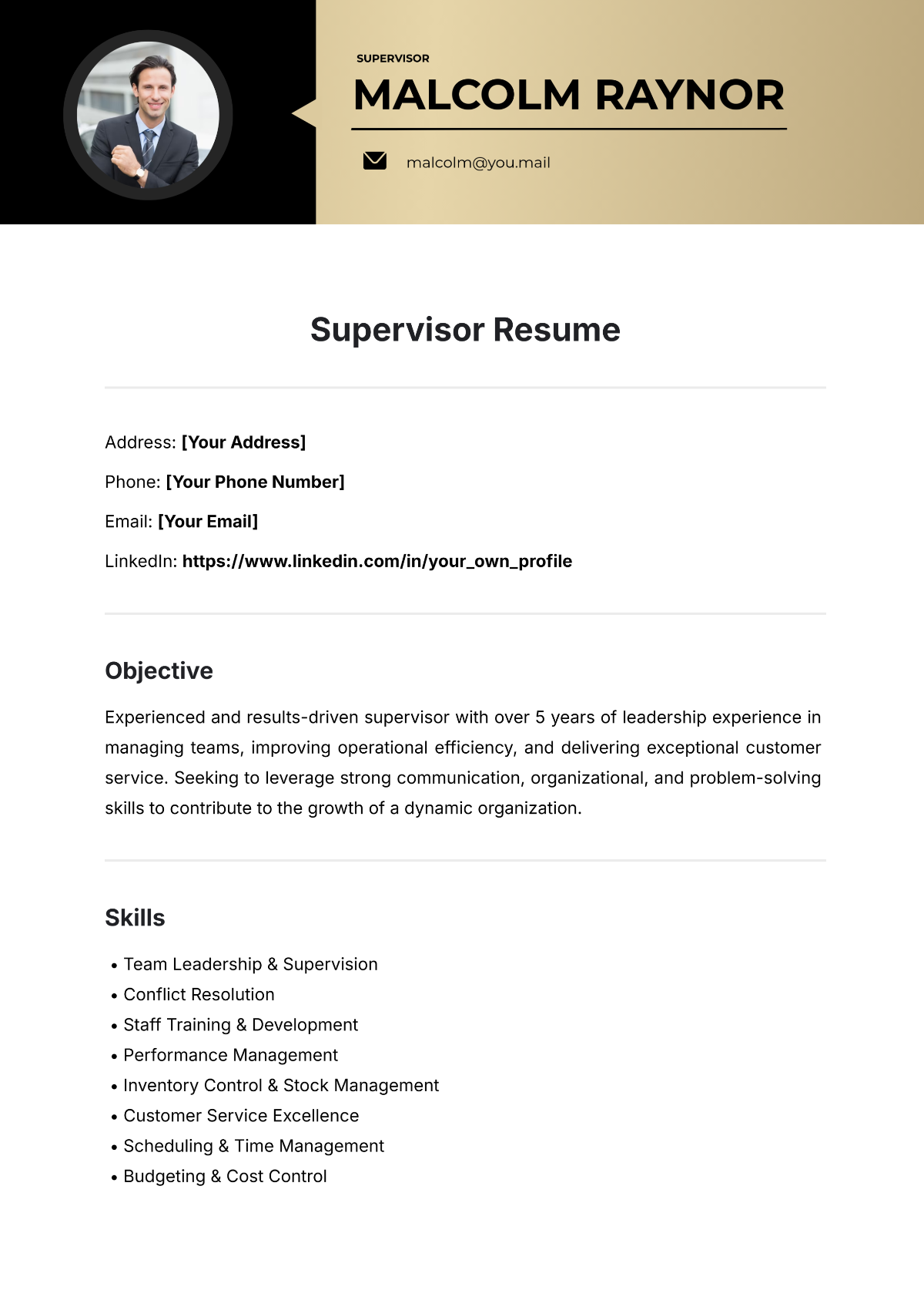 Free Supervisor Resume Template