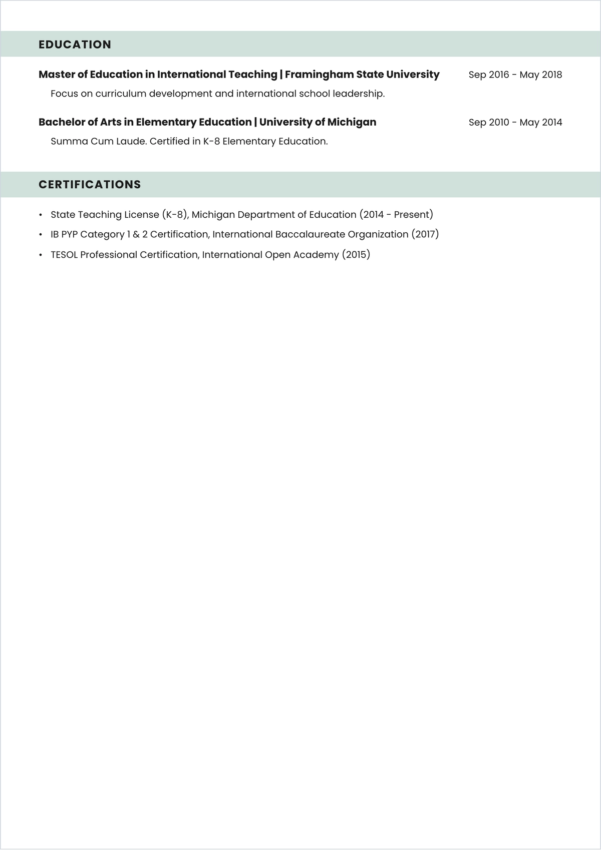 Free Elementary Teacher ATS Resume Template, AI Resume Builder