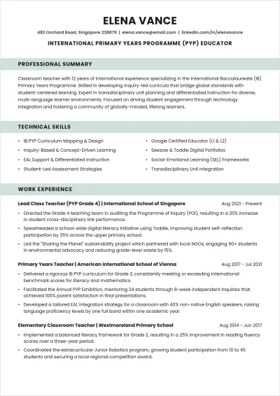 Free Elementary Teacher ATS Resume Template, AI Resume Builder