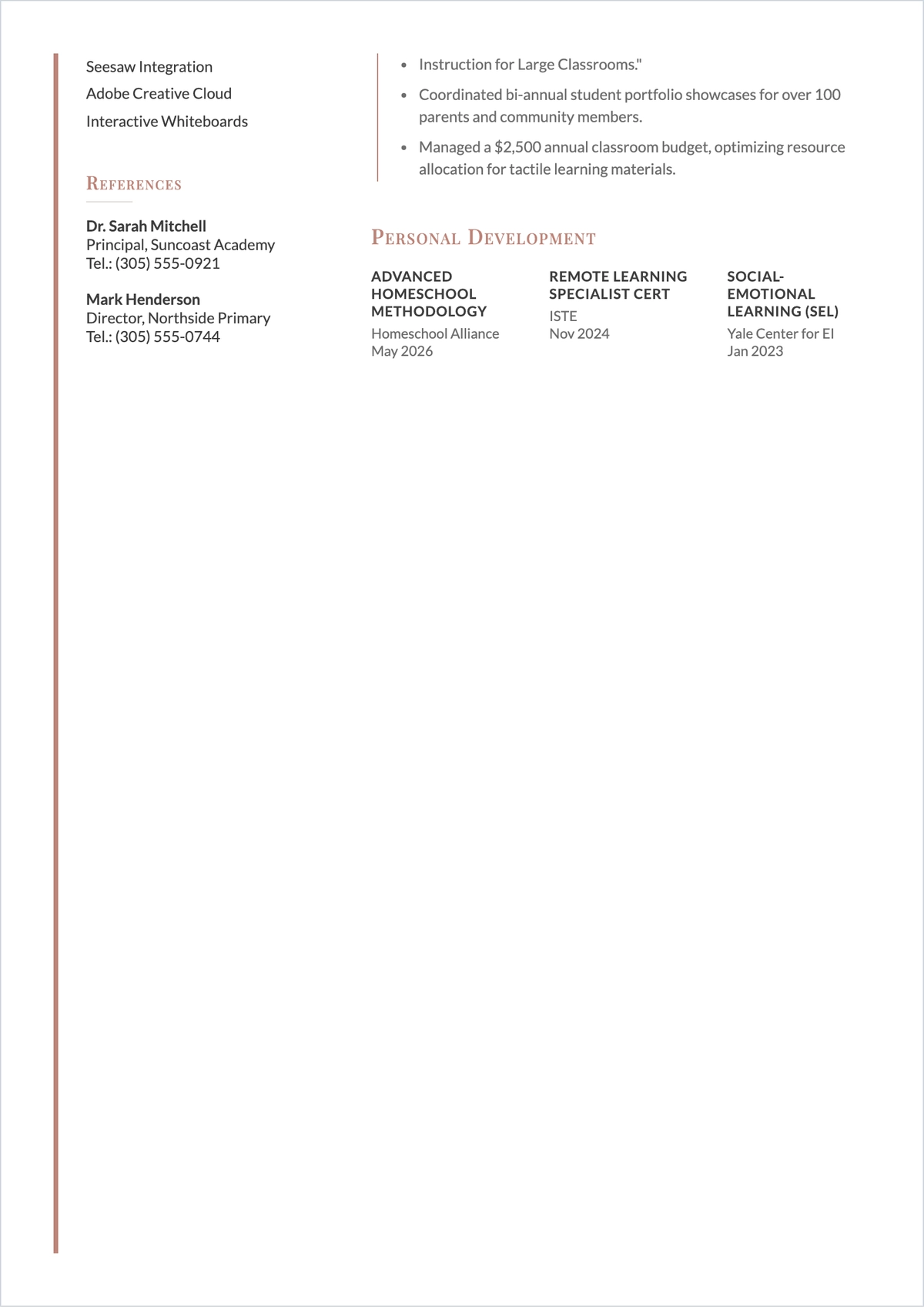 Free Elementary Teacher ATS Resume for Homeschooling Roles Template
