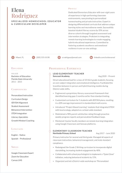 Free Elementary Teacher ATS Resume for Homeschooling Roles Template