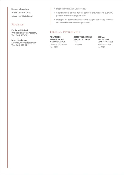 Free Elementary Teacher ATS Resume for Homeschooling Roles Template