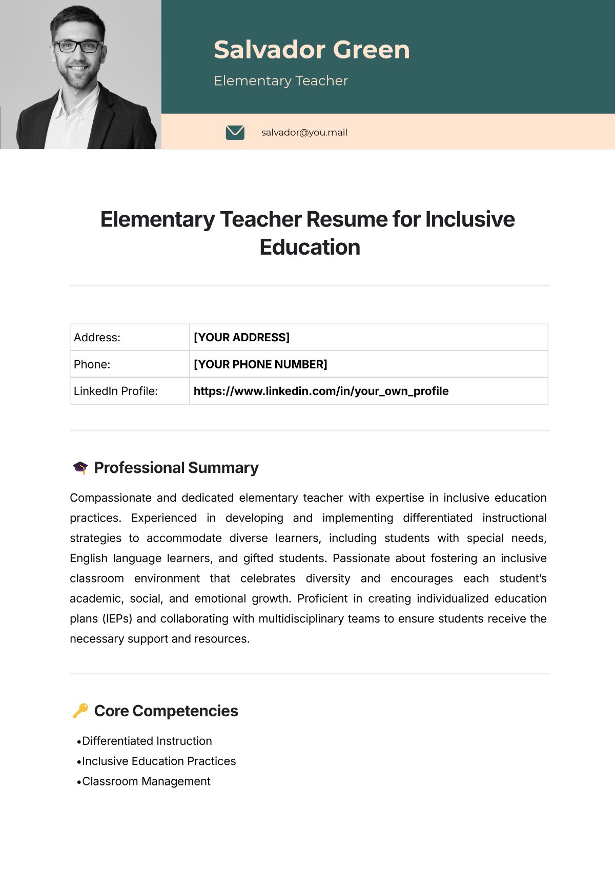 Free Elementary Teacher Resume for Inclusive Education Template