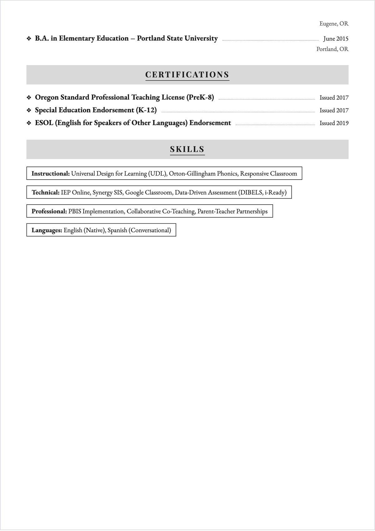 Free Elementary Teacher ATS Resume for Inclusive Education Template