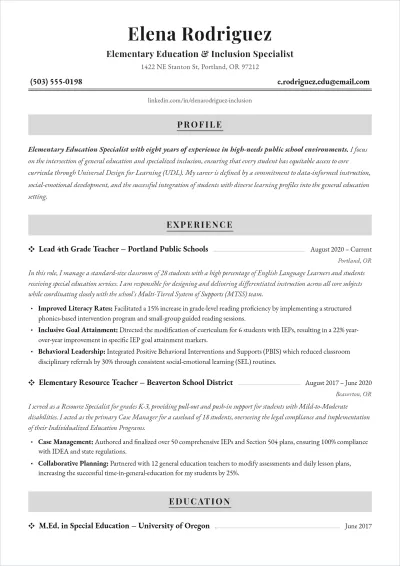 Free Elementary Teacher ATS Resume for Inclusive Education Template