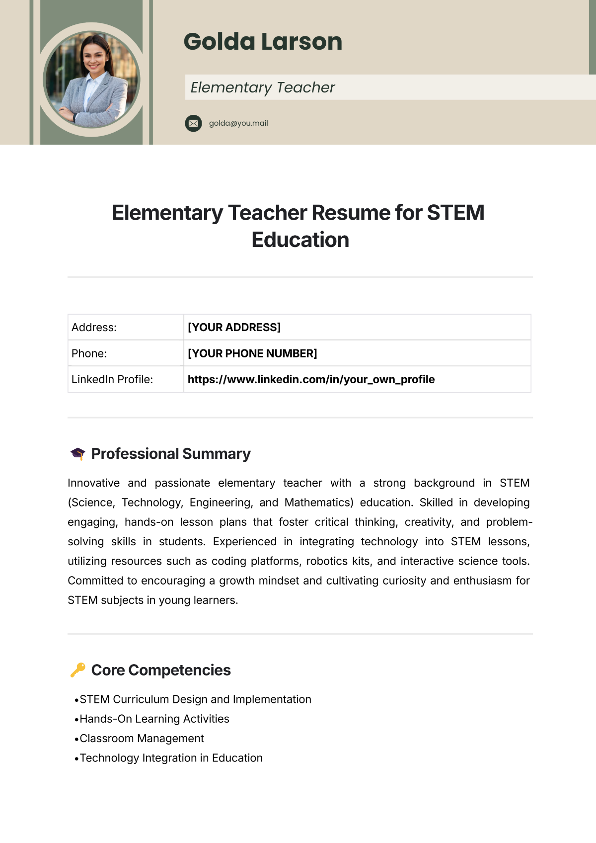 Free Elementary Teacher Resume for STEM Education Template