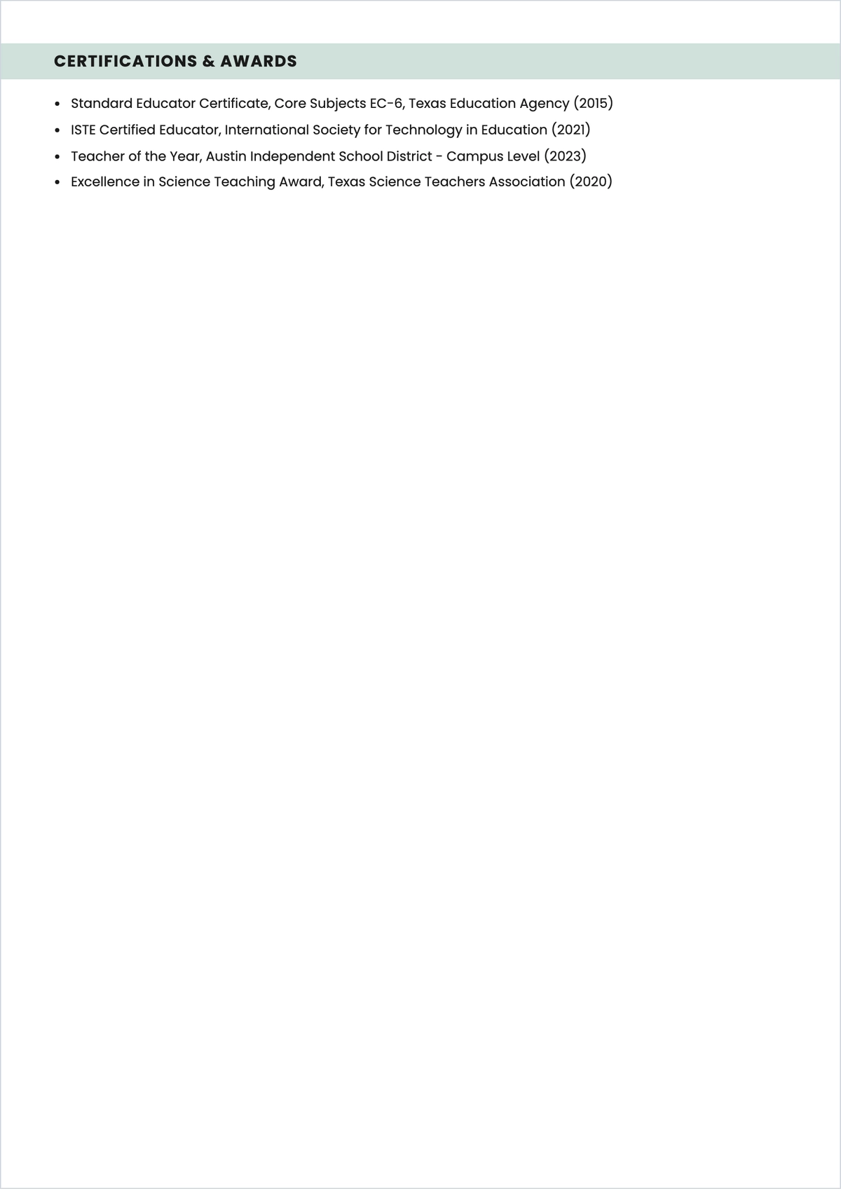 Free Elementary Teacher ATS Resume for STEM Education Template