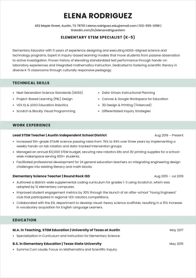 Free Elementary Teacher ATS Resume for STEM Education Template