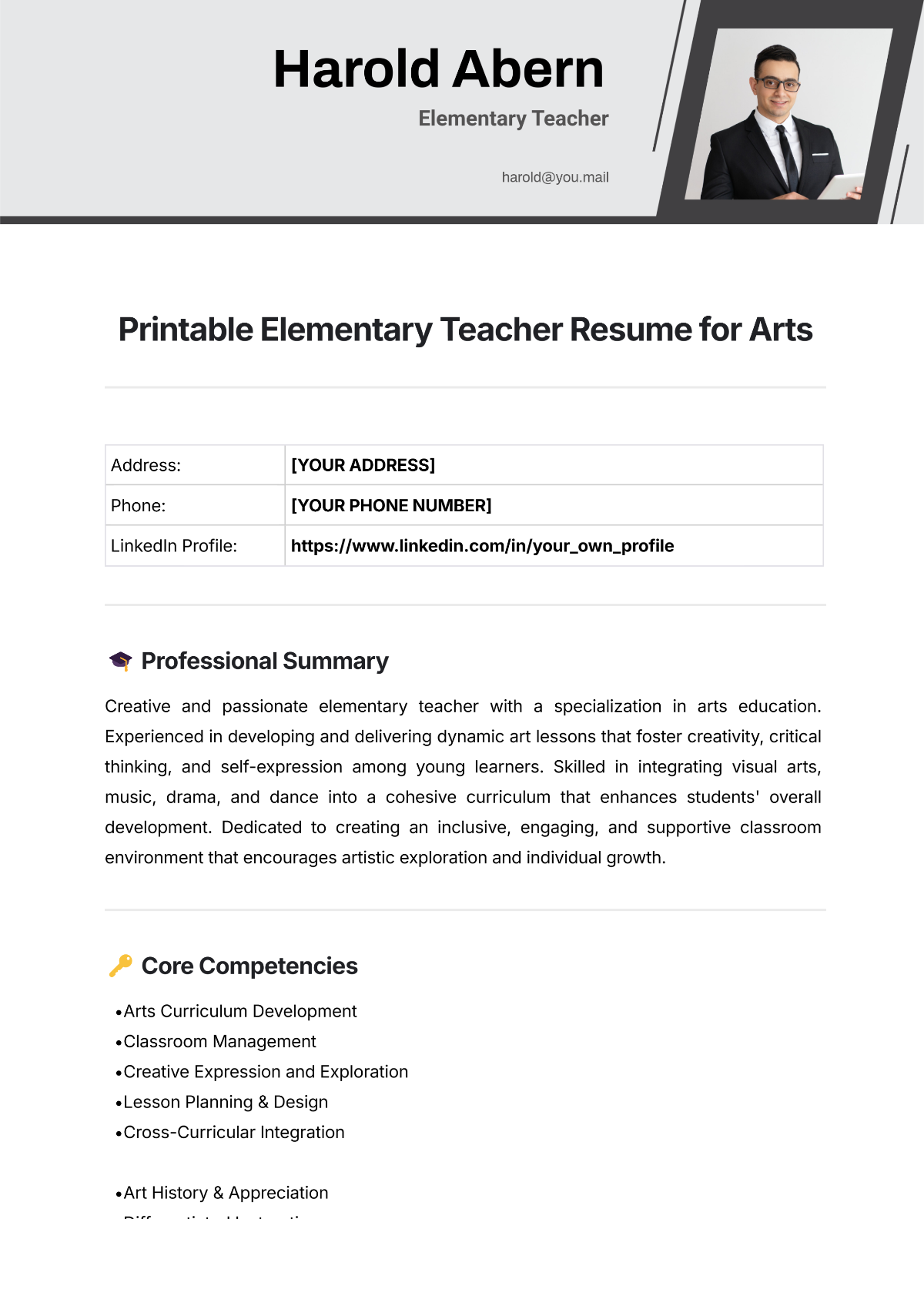 Free Printable Elementary Teacher Resume for Arts Template