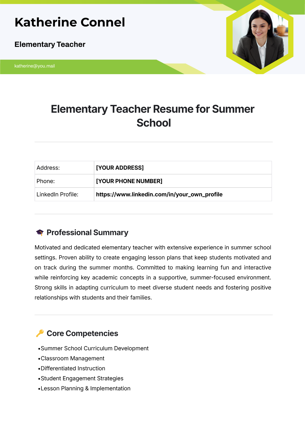 Free Elementary Teacher Resume for Summer School Template