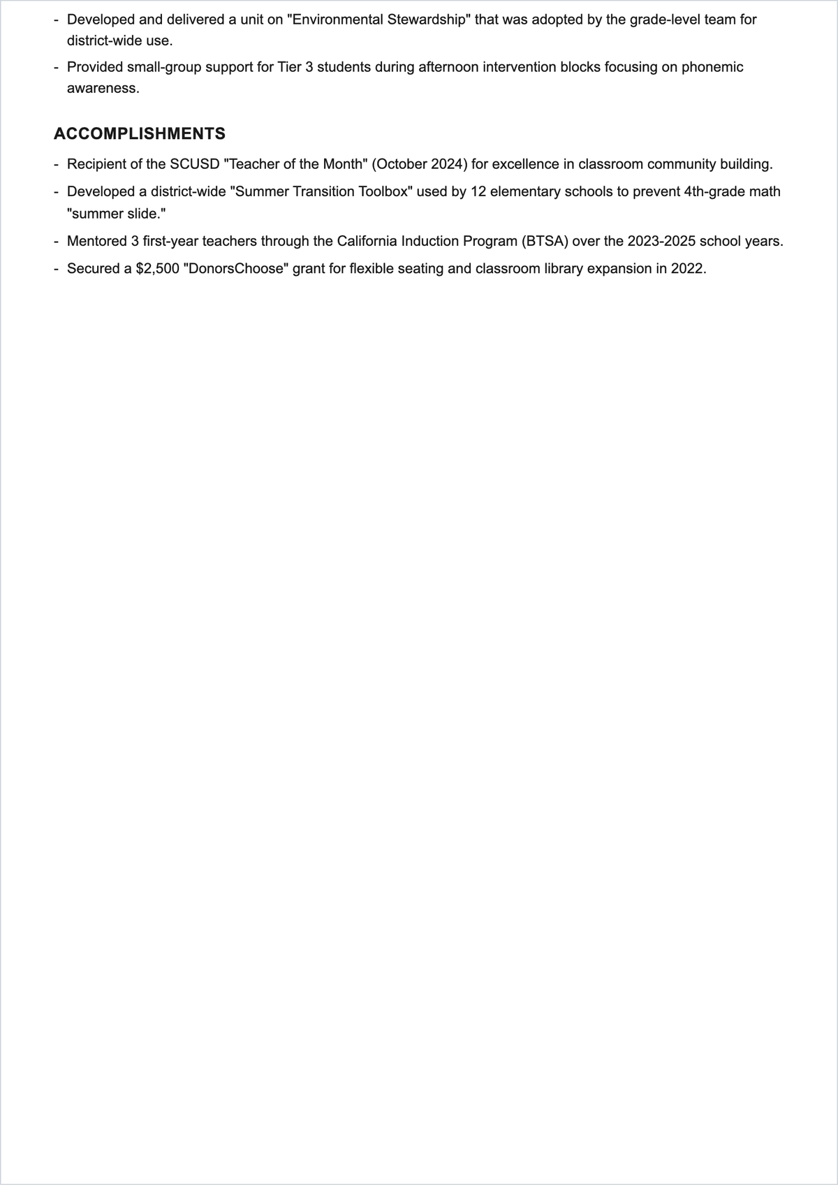 Free Elementary Teacher ATS Resume for Summer School Template