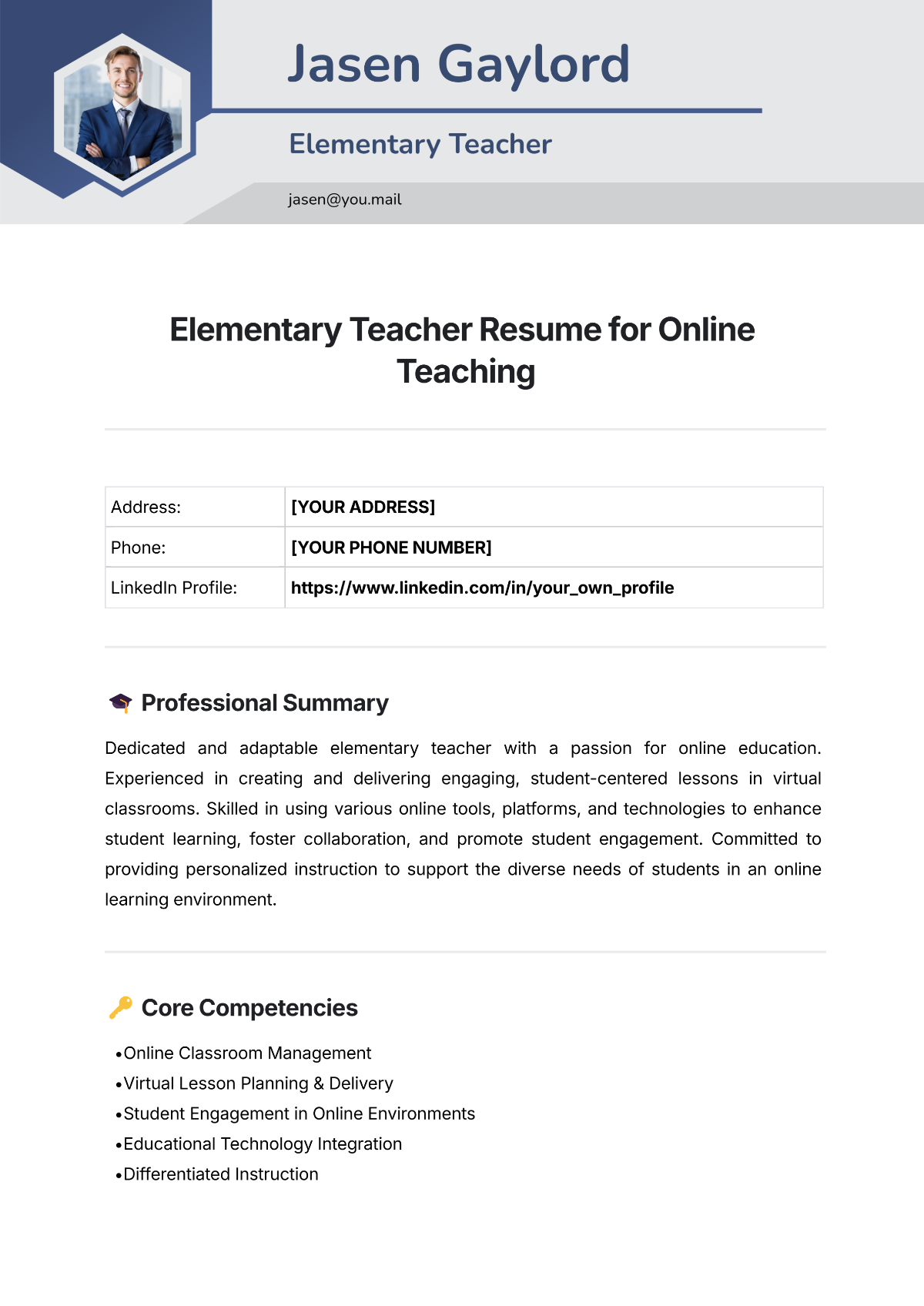 Free Elementary Teacher Resume for Online Teaching Template