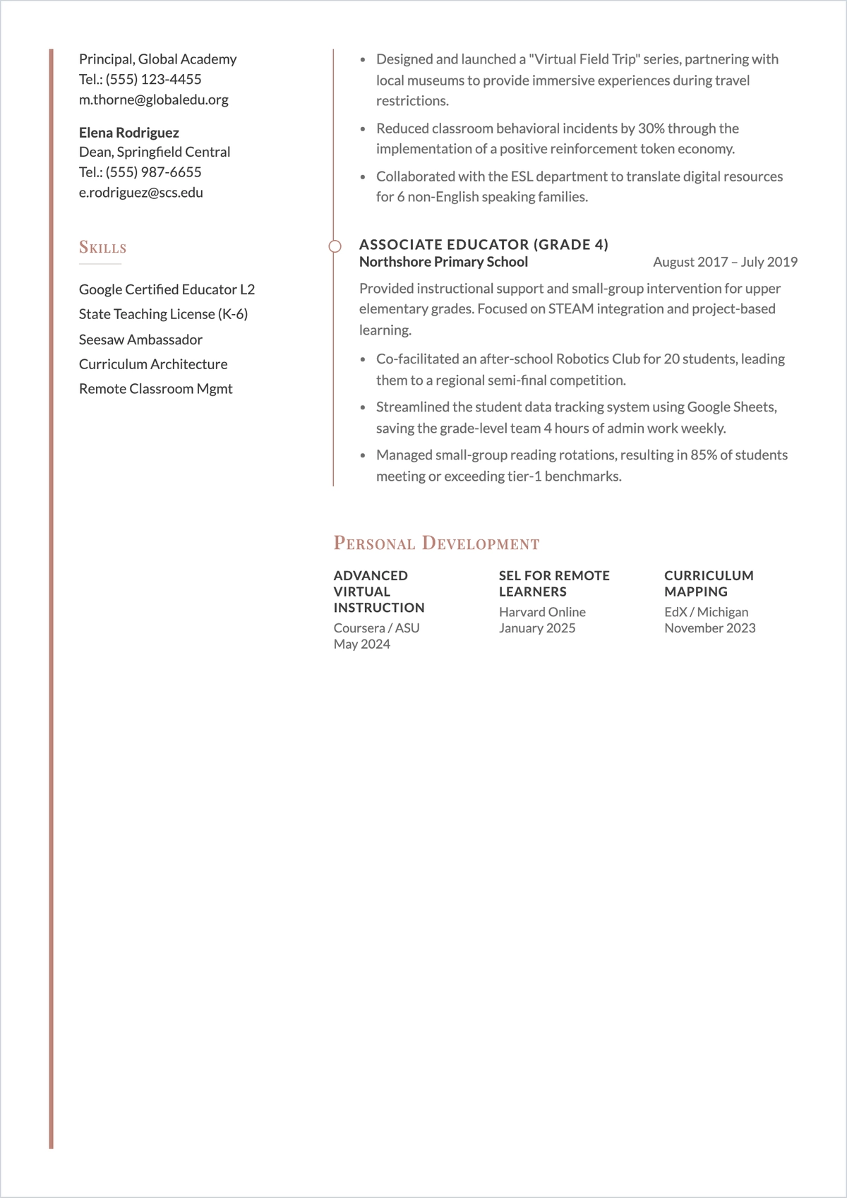 Free Elementary Teacher ATS Resume for Online Teaching Template