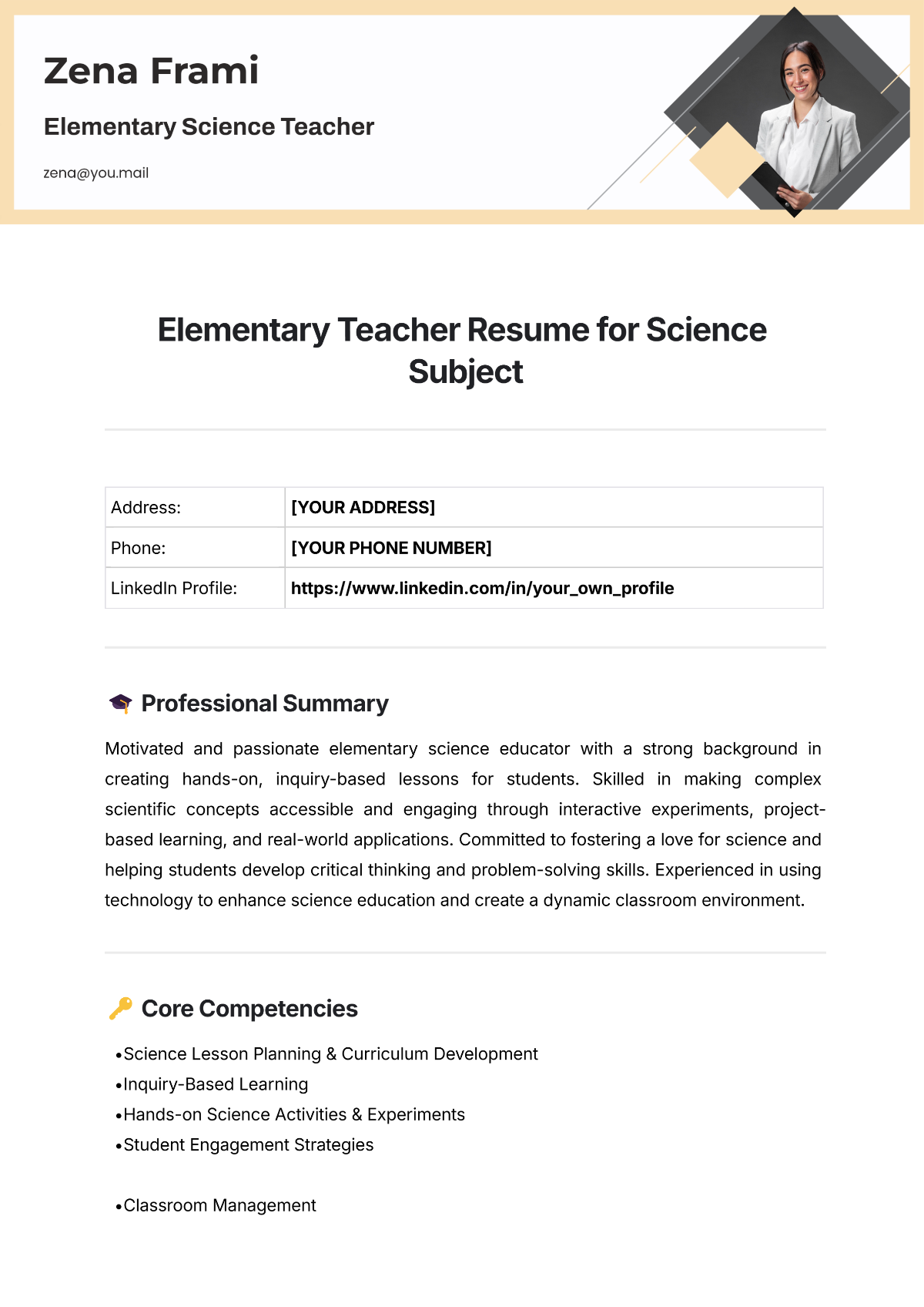 Free Elementary Teacher Resume for Science Subject Template