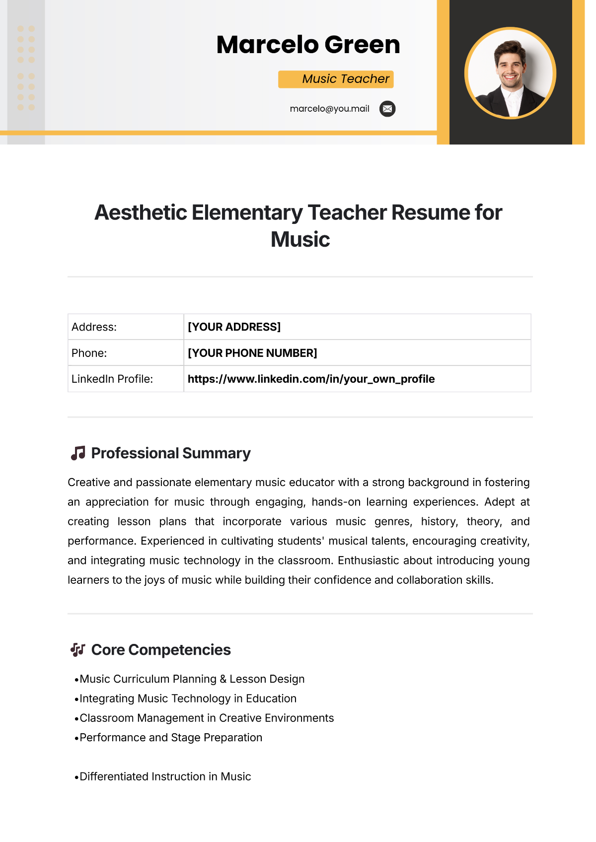 Free Aesthetic Elementary Teacher Resume for Music Template