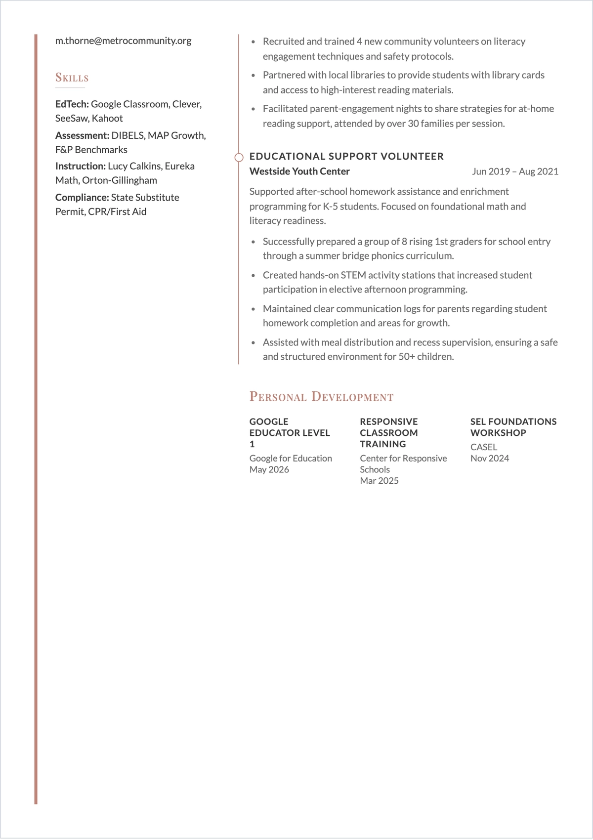 Free Volunteer Elementary Teacher ATS Resume Template