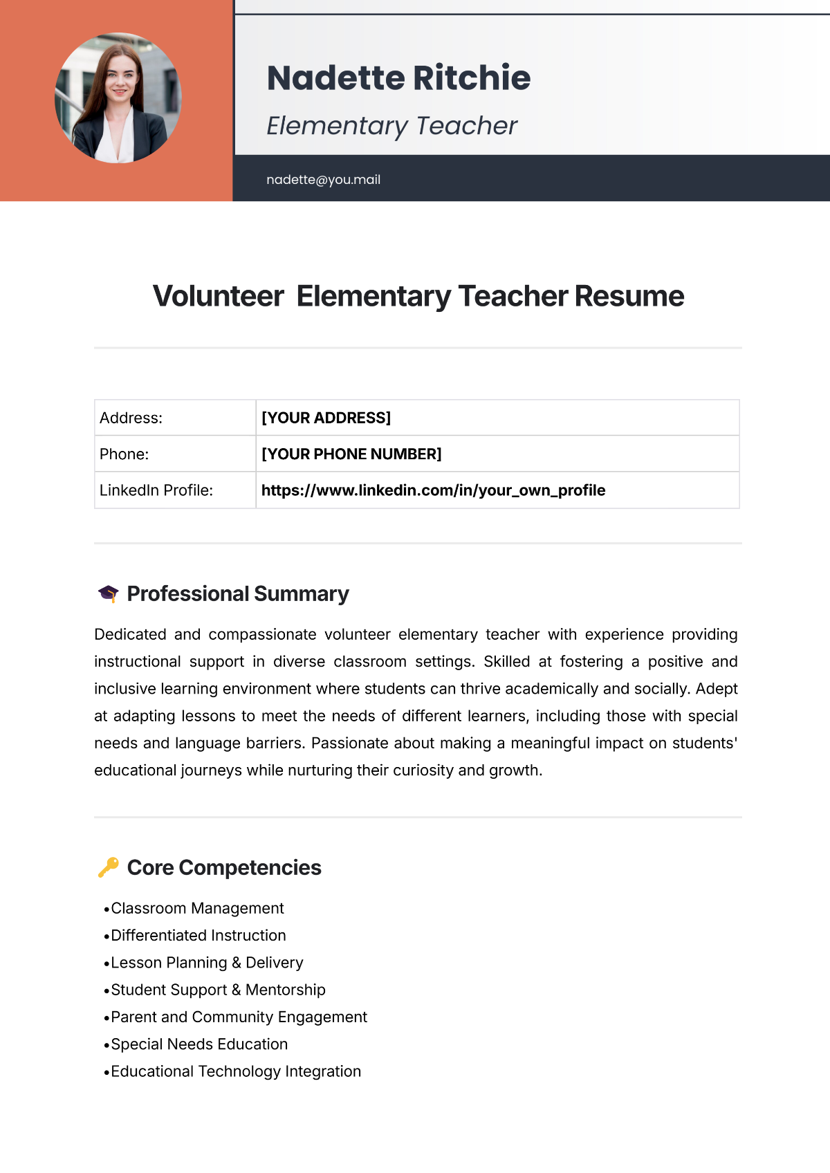 Free Volunteer  Elementary Teacher Resume Template