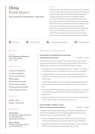 Free Volunteer Elementary Teacher ATS Resume Template