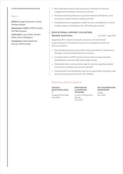 Free Volunteer Elementary Teacher ATS Resume Template