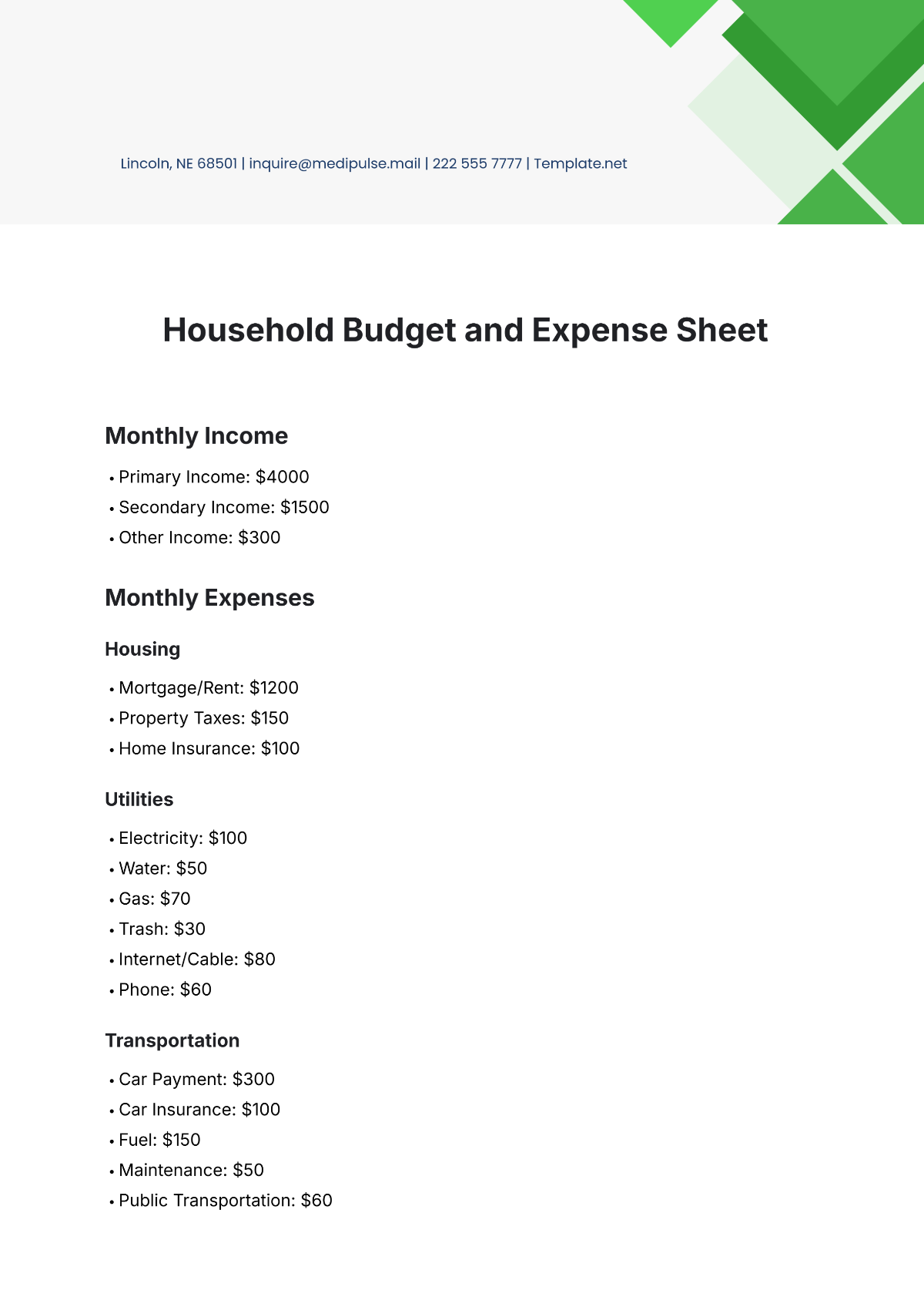 Free Household Budget and Expense Sheet Template