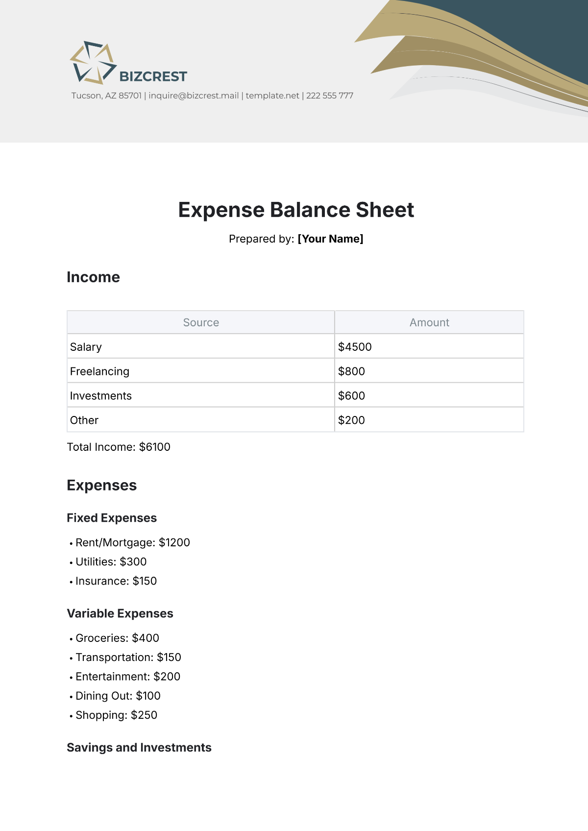 Free Expense Balance Sheet Template