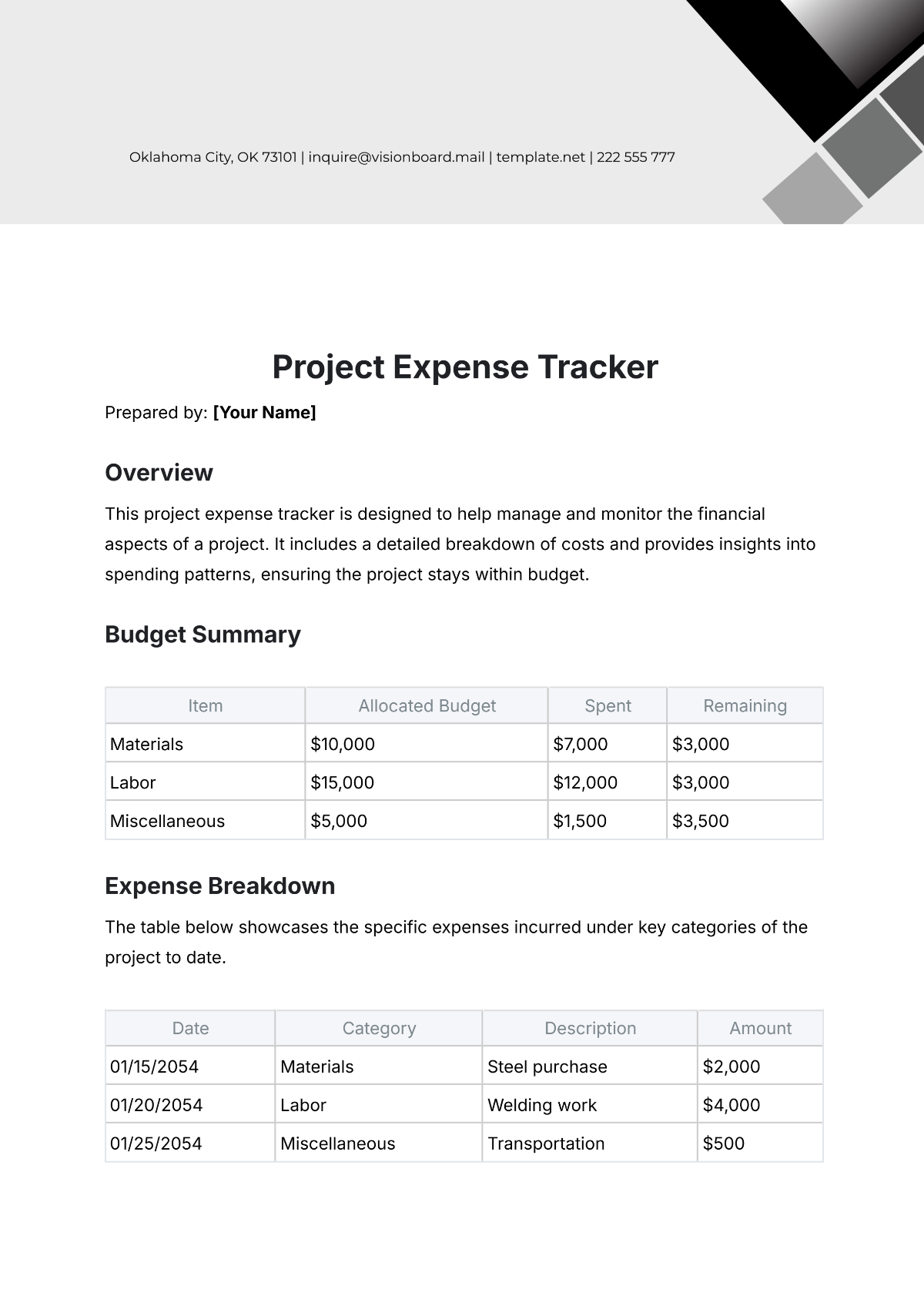 Free Project Expense Tracker Template