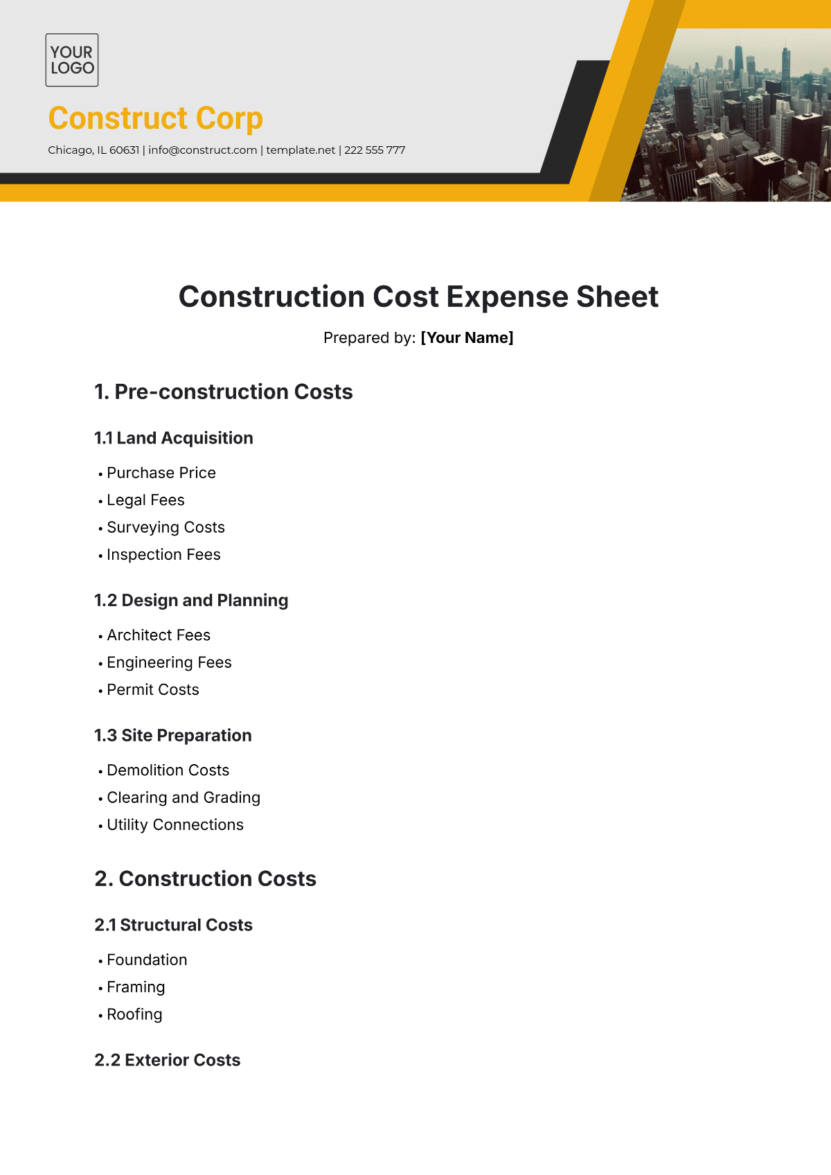 Free Construction Cost Expense Sheet Template