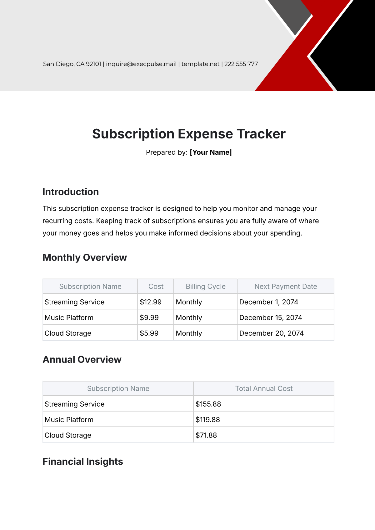 Free Subscription Expense Tracker Template