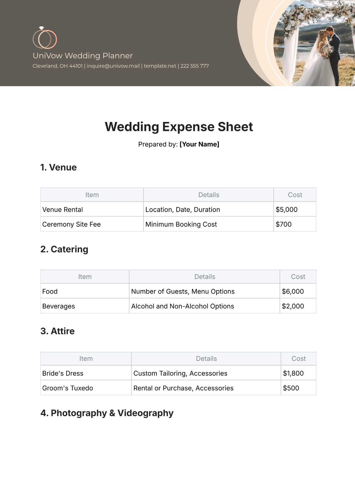 Free Wedding Expense Sheet Template