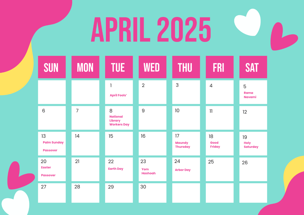 Free April 2025 Calendar with Holidays Template