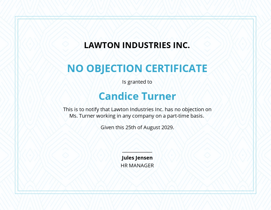 Free No Objection Certificate from Employer Template - Illustrator, InDesign, Word, Apple Pages, PSD, Publisher