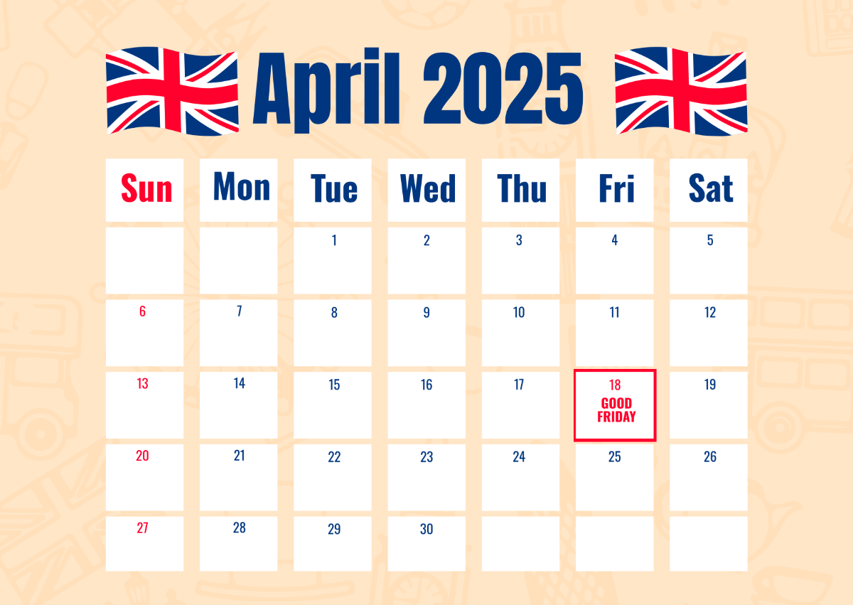 Free April 2025 Calendar with UK Holidays Template