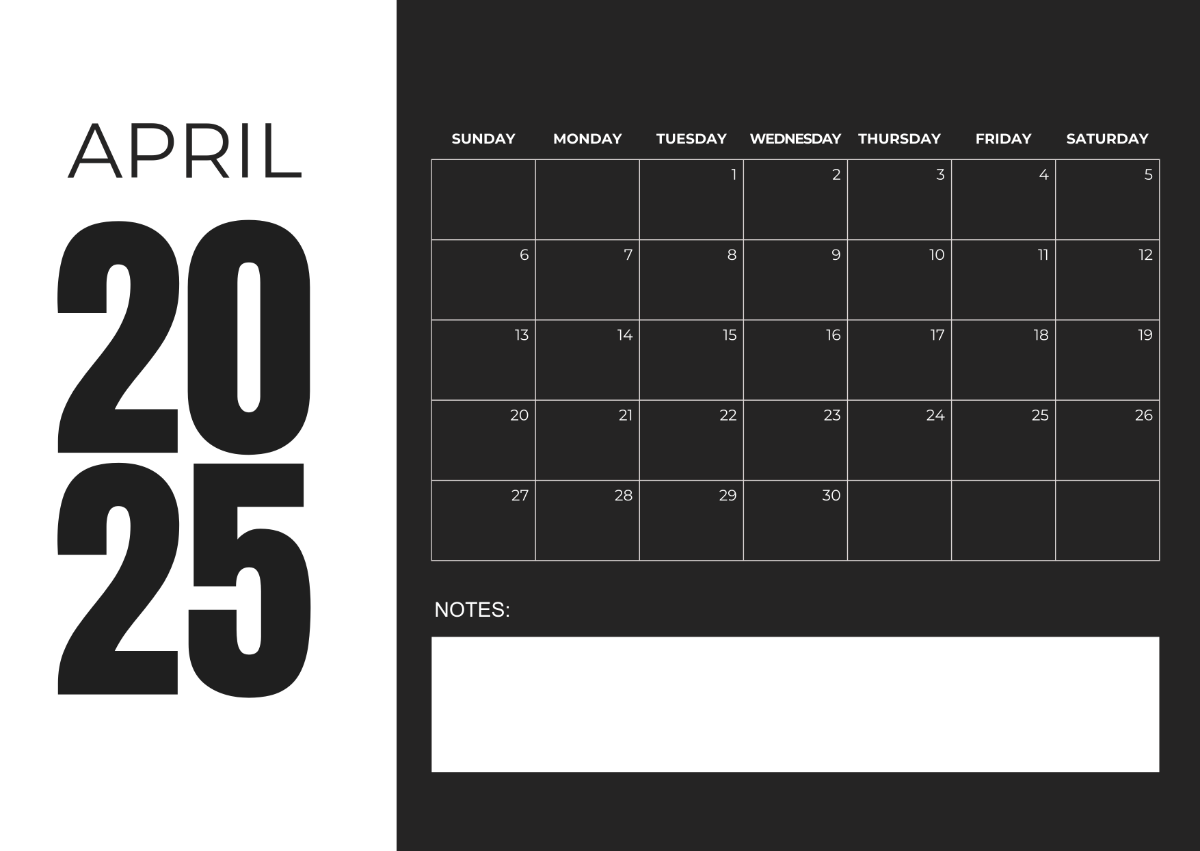 Free Black and White April 2025 Calendar Template