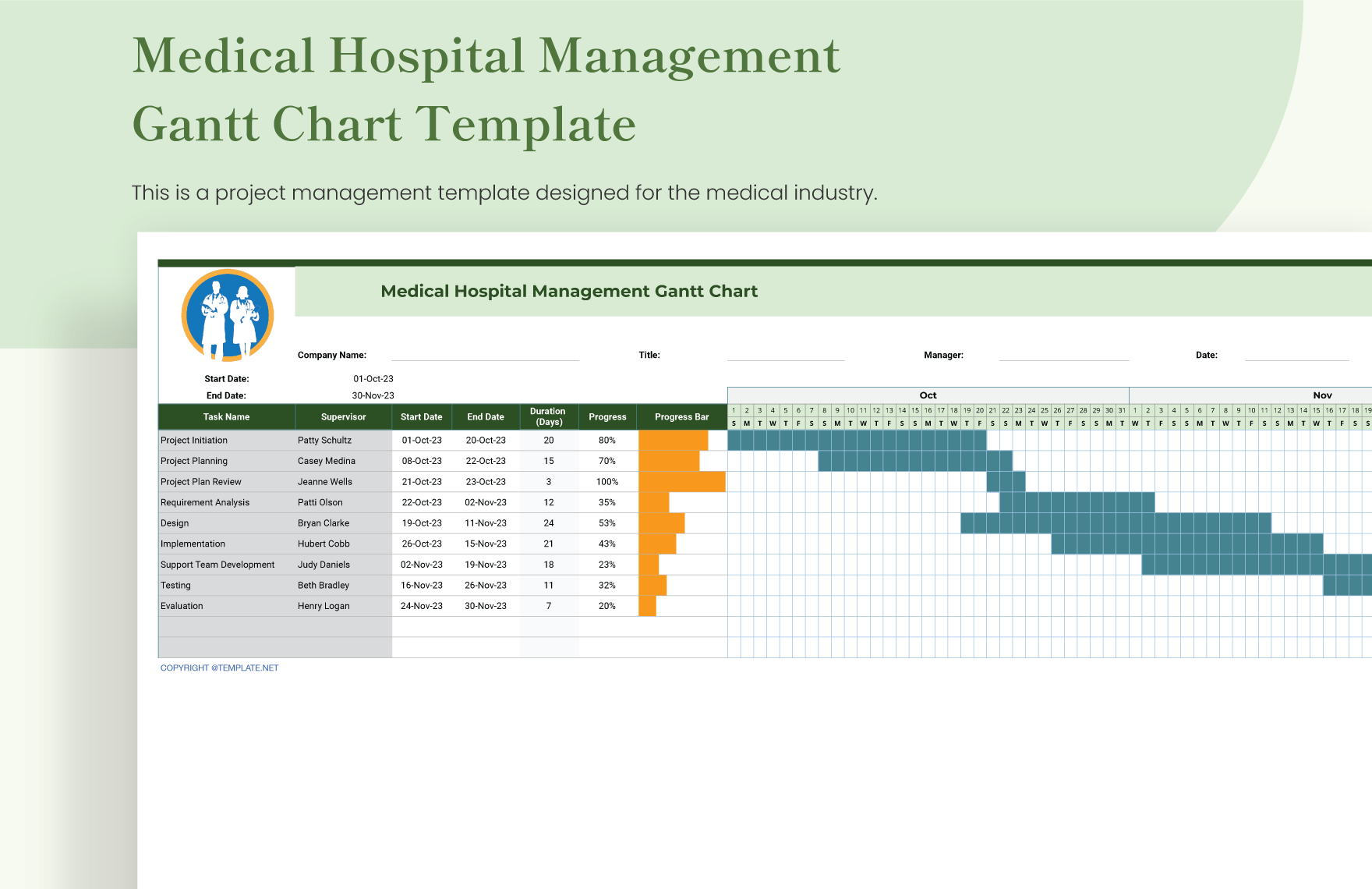 Medical Hospital Management Gantt Chart Template