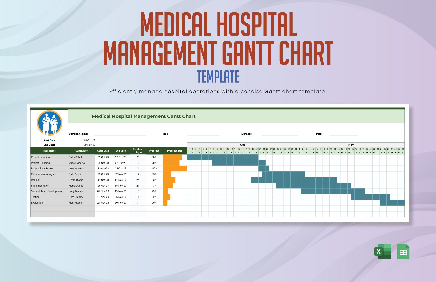 Medical Hospital Management Gantt Chart Template in Excel, Google Sheets