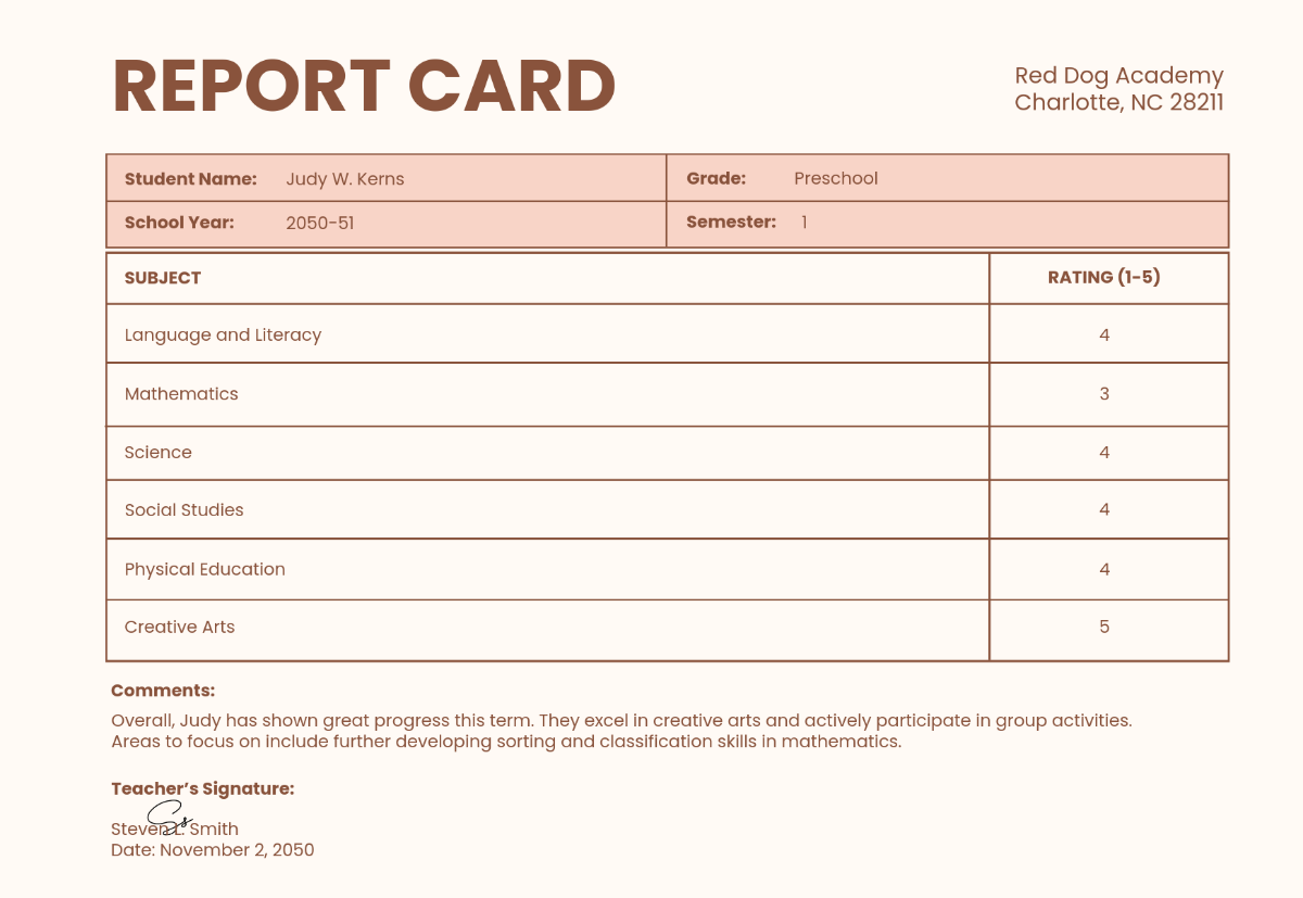 Preschool Report Card Template