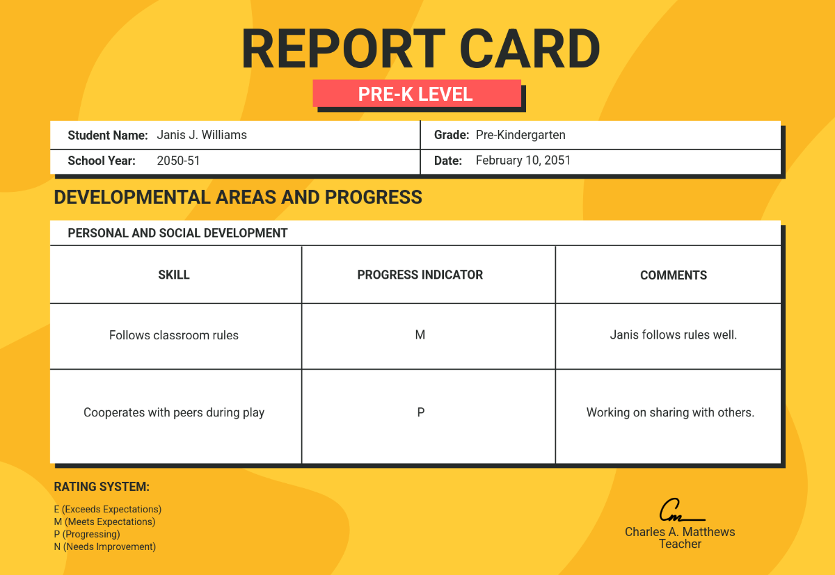 Free Pre-K Report Card Template