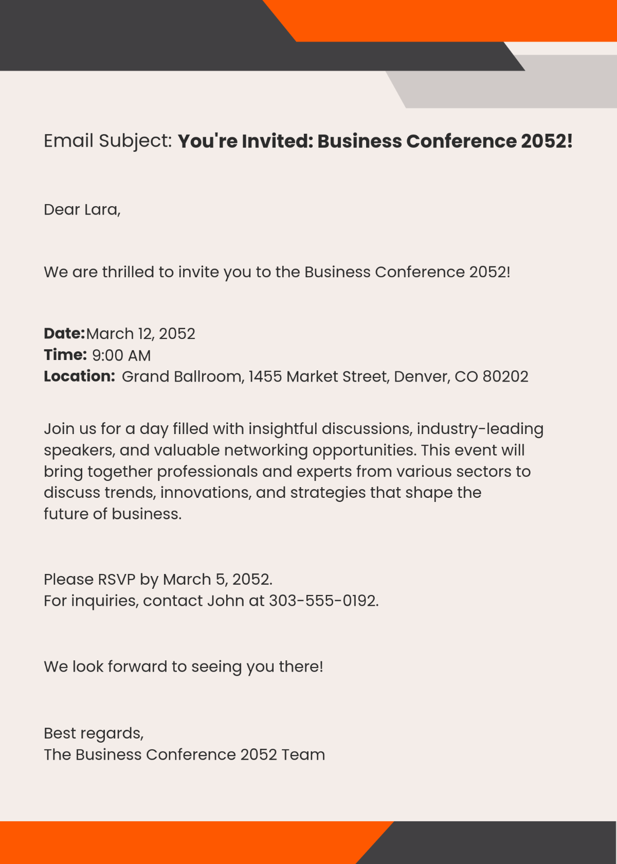 Free Sample Business Event Invitation Email Template