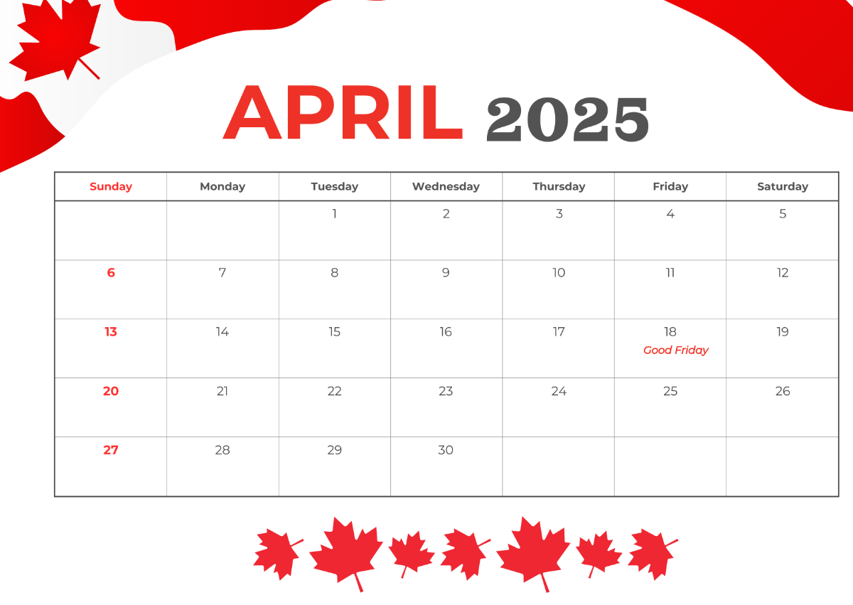 Free April 2025 Calendar with Canadian Holidays Template