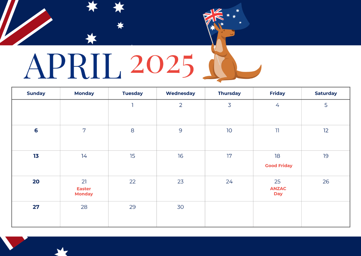 Free April 2025 Calendar with Australian Holidays Template