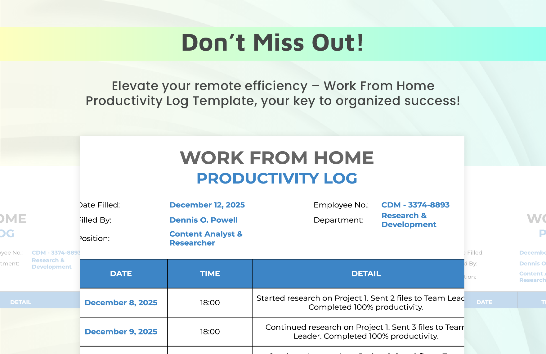 Work From Home Productivity Log Template