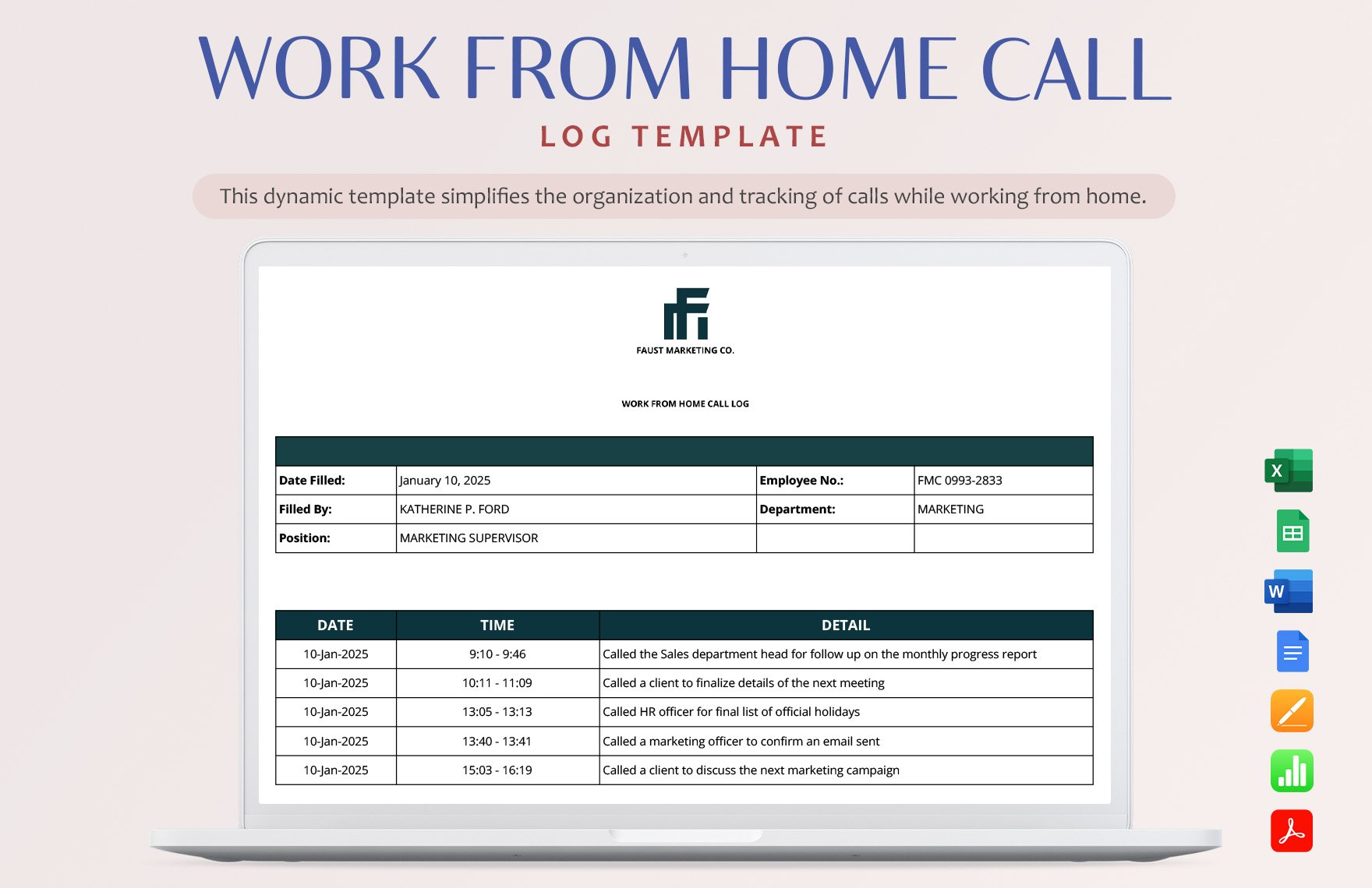 Work From Home Call Log Template in Word, Google Docs, Excel, PDF, Google Sheets, Apple Pages, Apple Numbers