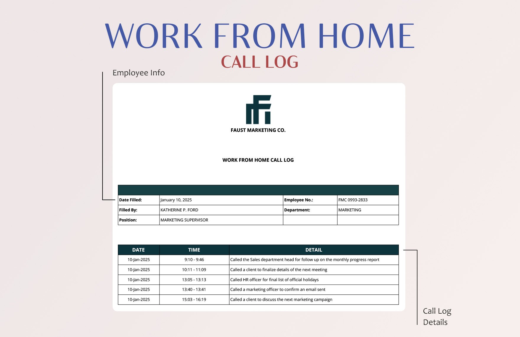 Work From Home Call Log Template