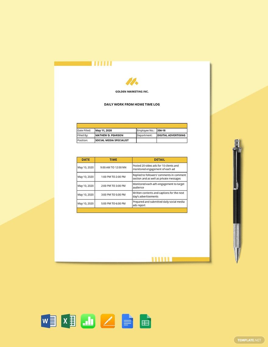 Work From Home Time Log Template in Excel, Word, Apple Numbers, Pages, Google Docs, Google Sheets - Download | Template.net