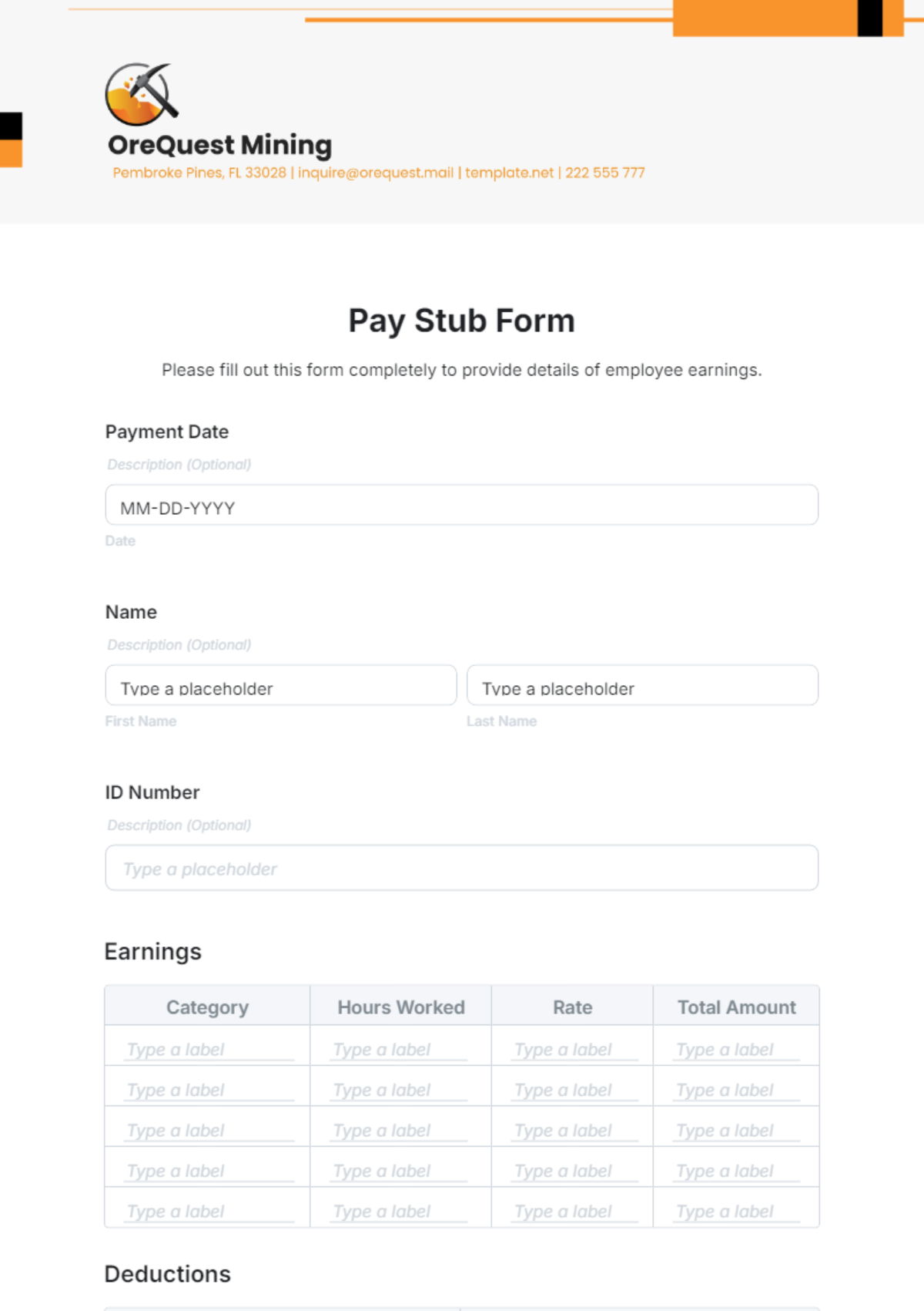 Free Pay Stub Form Template