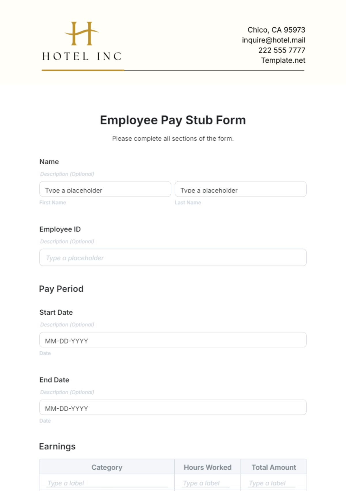 Free Employee Pay Stub Form Template to Edit Online