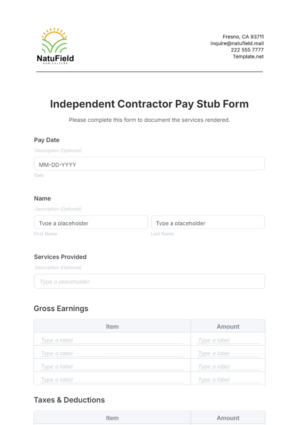 Free Independent Contractor Pay Stub Form Template