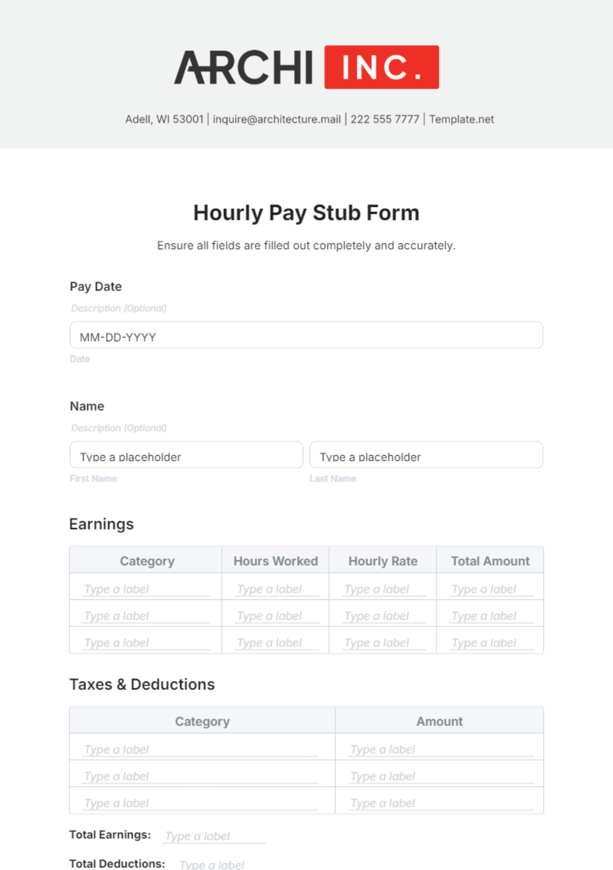 Free Hourly Pay Stub Form Template