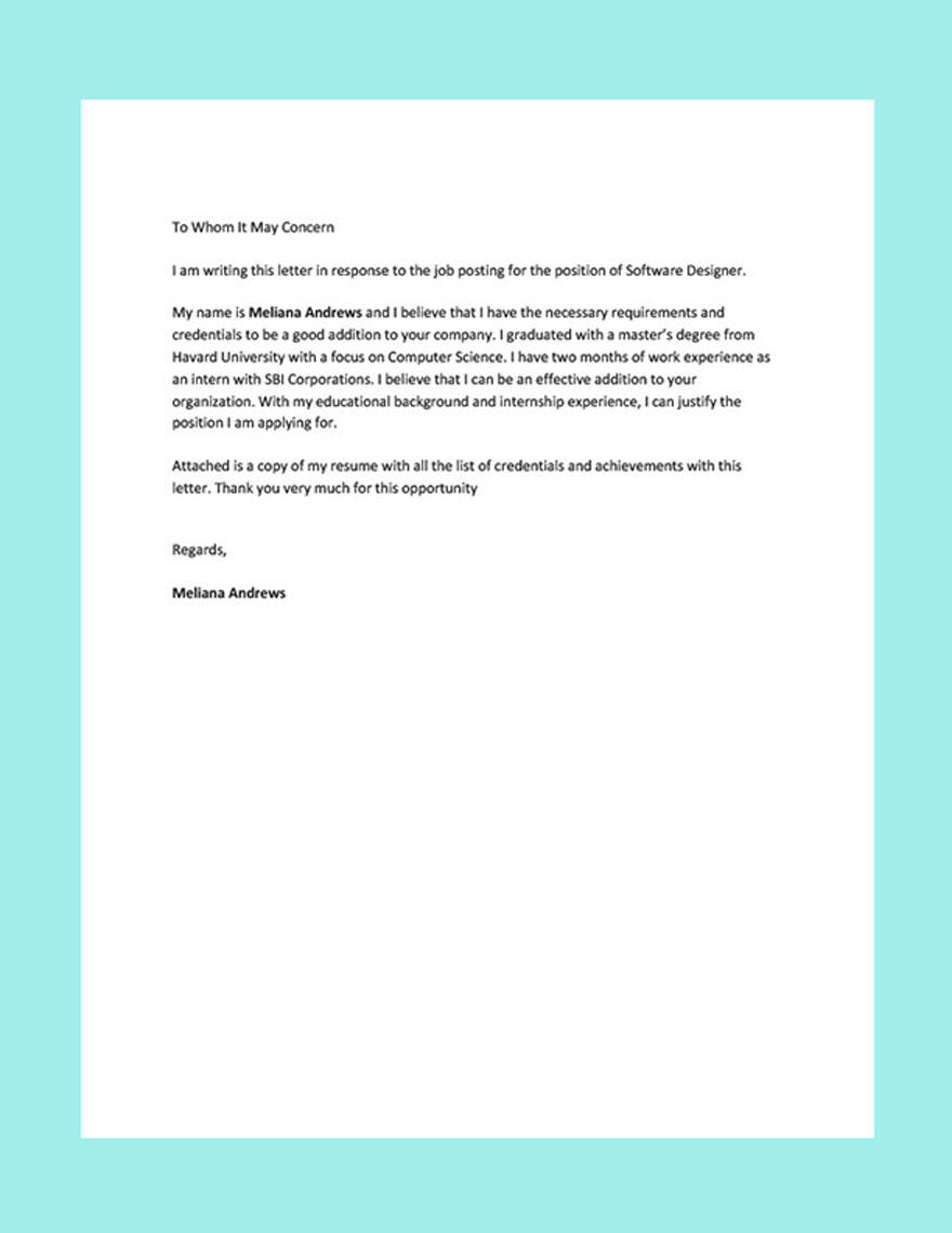 Work Application Letter Template