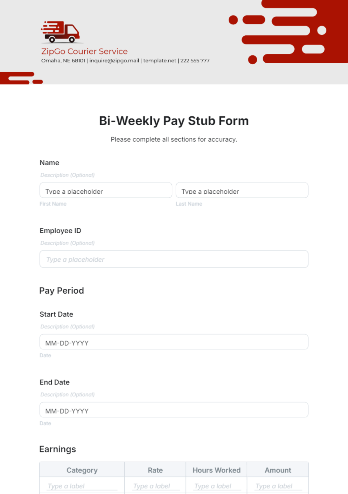 Free Bi-Weekly Pay Stub Form Template